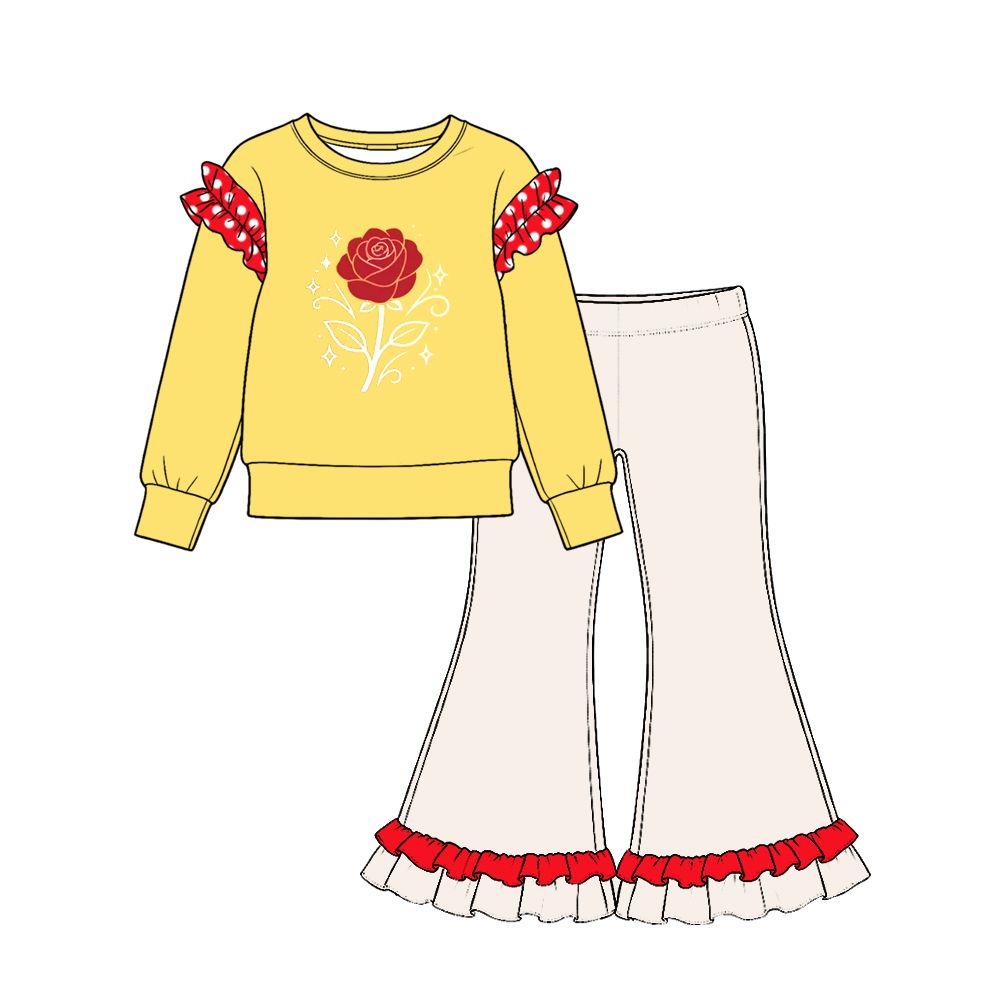 ( Moq 5 ) Preorder Baby Girls Kids Yellow Long Sleeves Flower Shirt Ruffle Pants Set Clothes