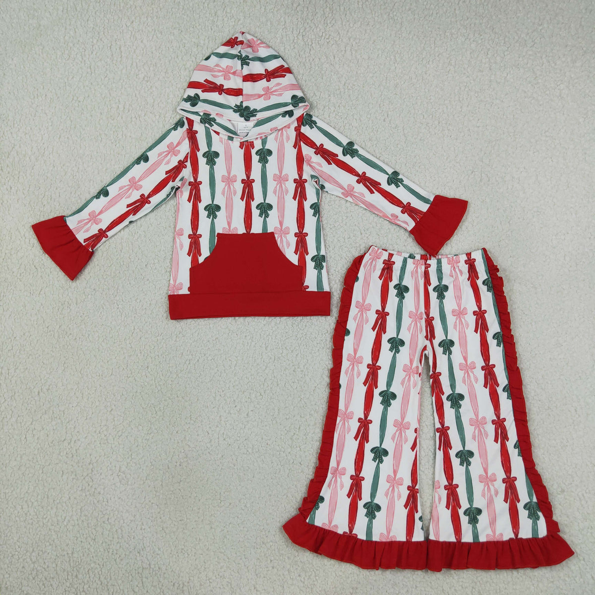 Baby Girls Kids Christmas Bows Stripes Hoodie Pocket Hoodie Ruffle Pants Set Clothes RTS