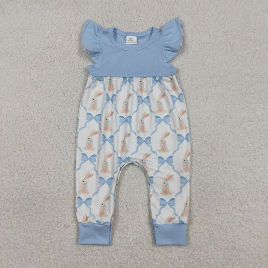 Baby Girls Infant Short Sleeves Blue Bows Rabbits Easter Romper RTS