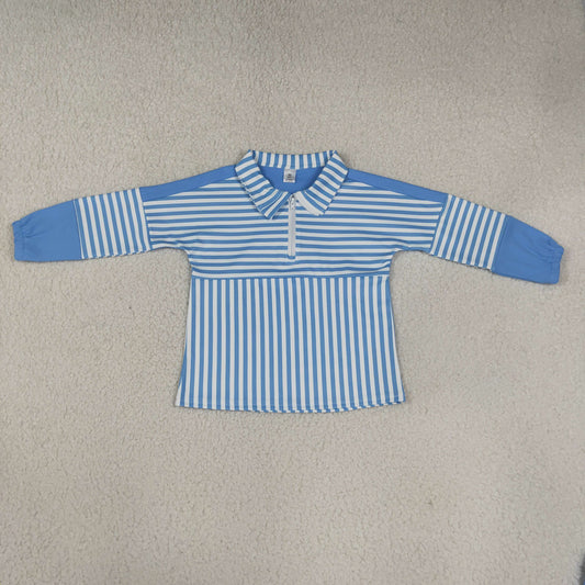 Baby Girls Kids Long Sleeves Blue Stripes Zipper Pullover Yoga Active Shirt RTS