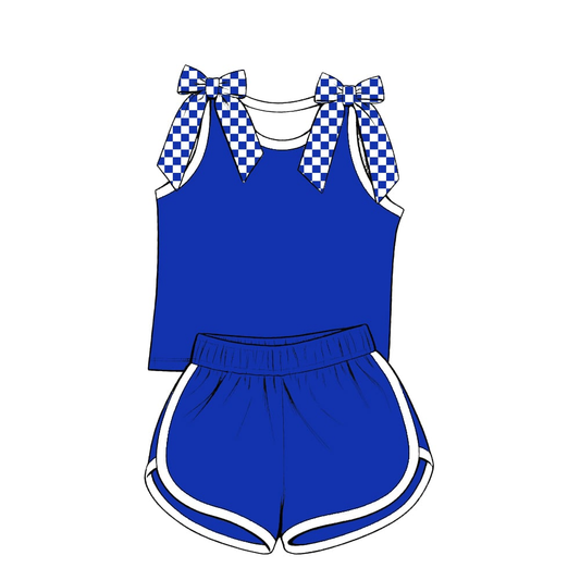 ( Moq 5 )  Custom Baby Girls Kids Checked Bows Tops Shorts Blue Set Clothes 7.13