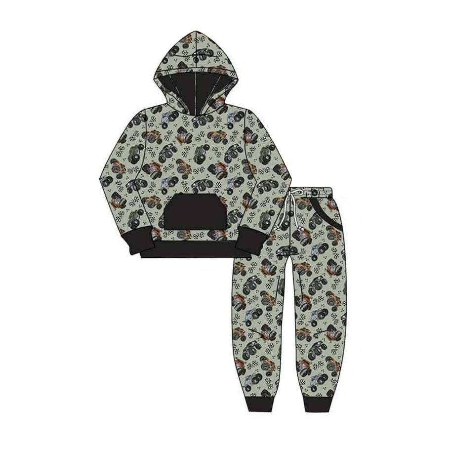 ( Moq 5 ) Preorder Baby Boys Kids Long Sleeves Trucks Hoodie Shirt Pockets Pants Set Clothes