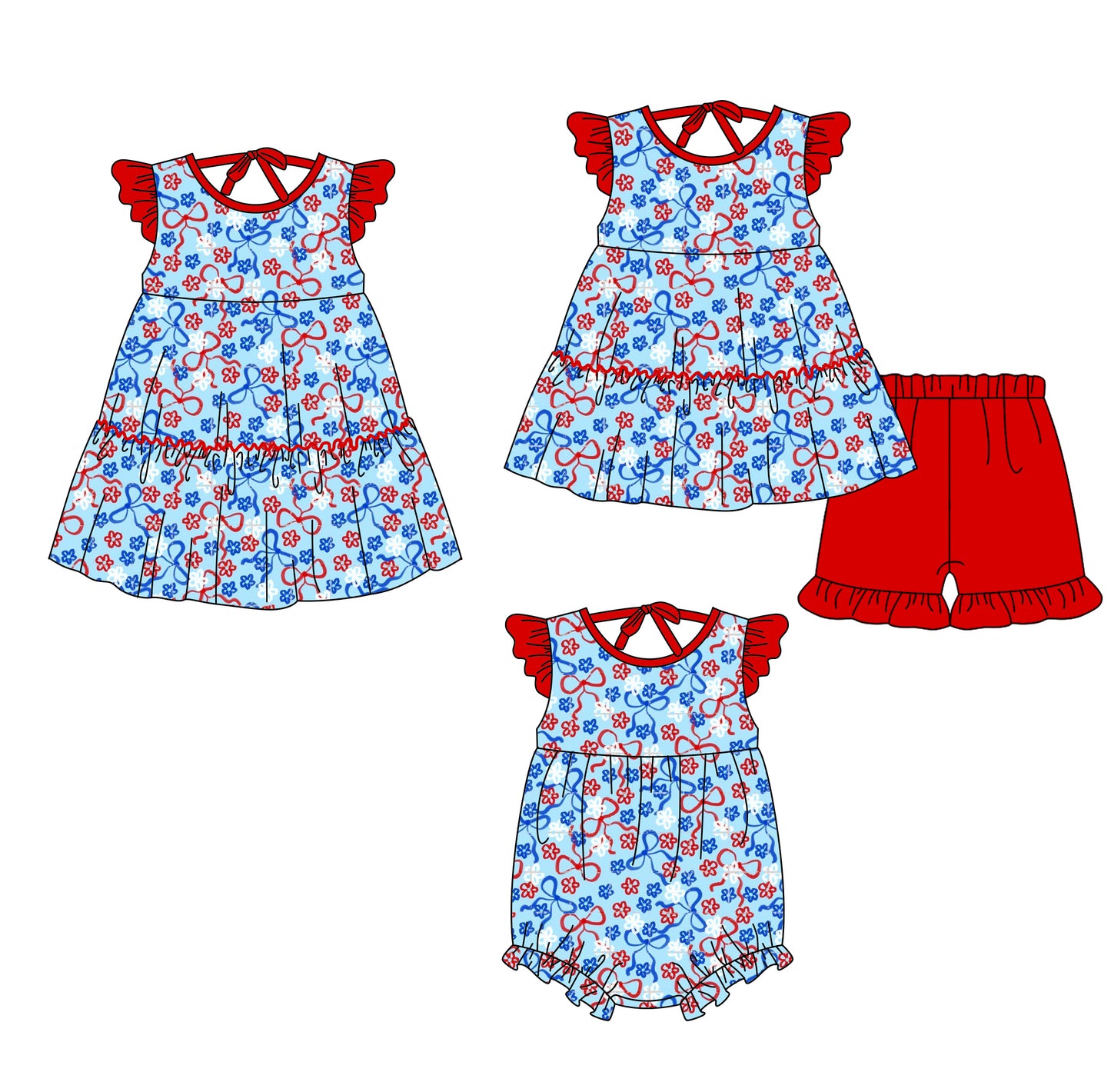 ( Moq 5 Each Style ) Sibling Baby Girls Kids 4th of July Flower Bows Romper Dress Set Summer Clothes