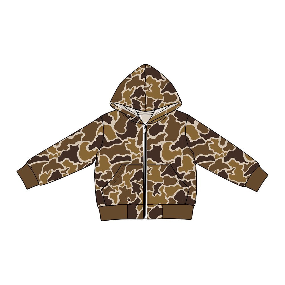 ( Moq 5 ) Preorder Baby Boys Toddler Long Sleeves Brown Camo Hoodie Pockets Jacket Denim Clothes
