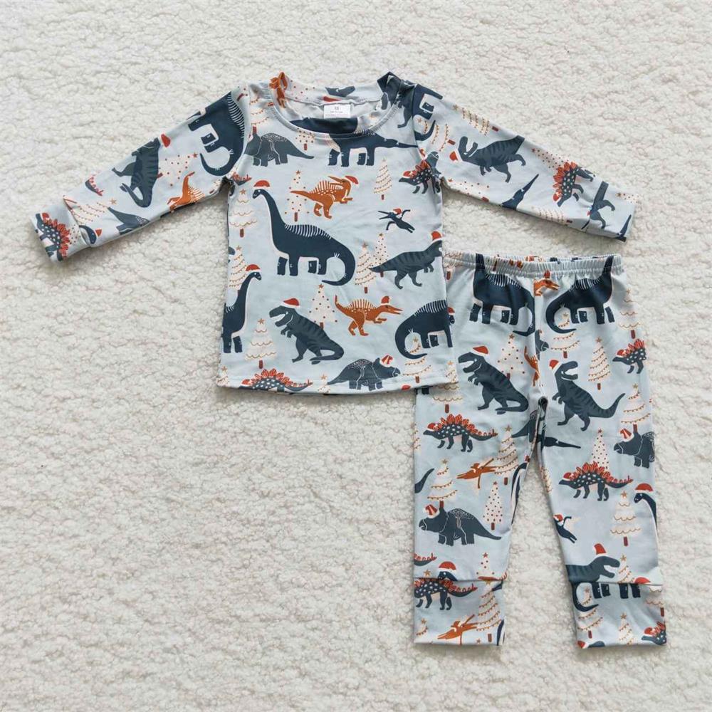 BLP0193 Baby Boy Long Sleeves Shirt Pants Christmas Dinosaurs Outfit Pajamas