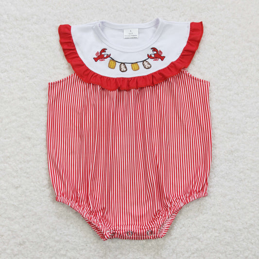 SR0741 Baby Girl Embroidery Crawfish Red Stripes One Piece Romper