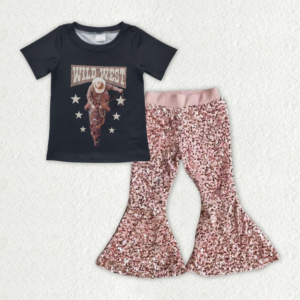 Baby Girl Short Sleeves Wild West Western Shirt Sequins Bell Pants Clothes Set