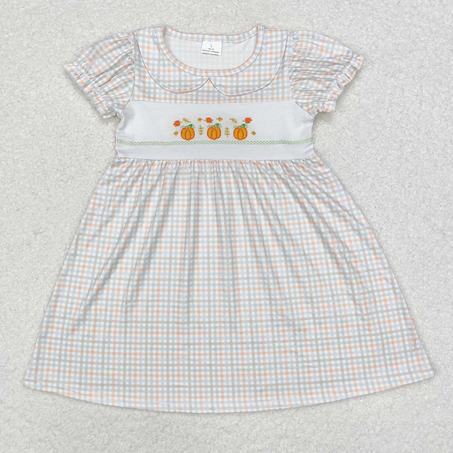 Baby Girl Short Sleeves Embroidery Pumpkin Plaid Knee Length Dress