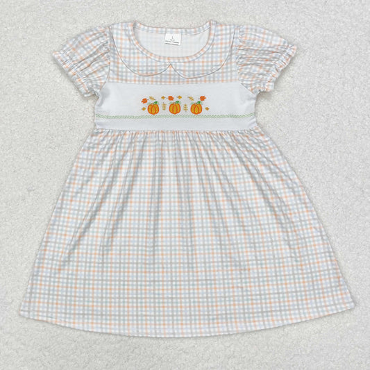 Baby Girl Short Sleeves Embroidery Pumpkin Plaid Knee Length Dress