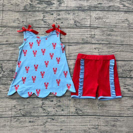 ( No moq ) Preorder Baby Girls Bows Sleeveless Crayfish Tops Ruffle Shorts Clothes Set