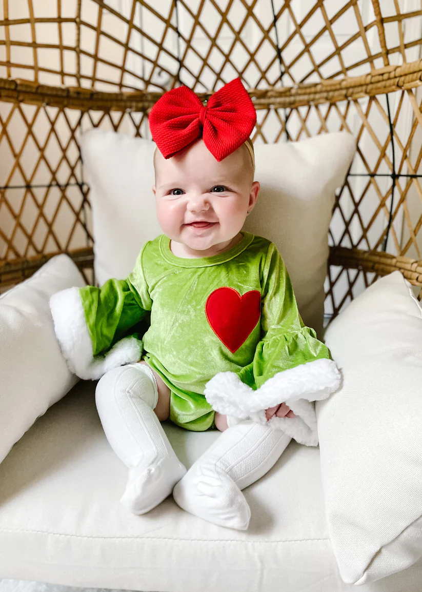 Baby Girl Long Sleeves Heart Green Velvet Romper