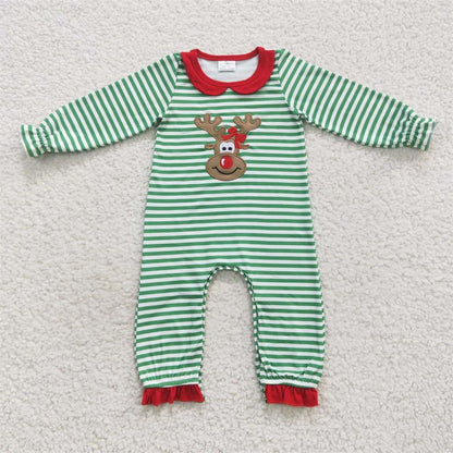 LR0338 Baby Boy Christmas Long Sleeves Embroidery Reindeer Striped Green One Piece Romper