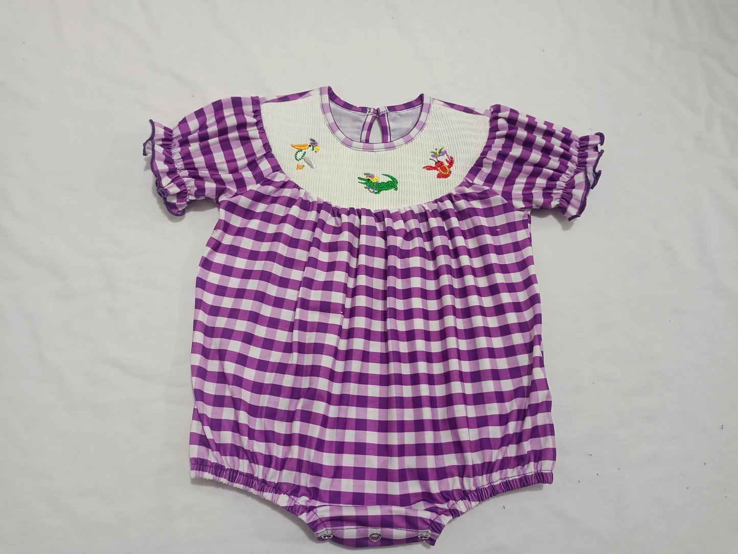 Baby Girl Infant Embroidery Purple Checkered Mardi Gras Bubble Smocked Romper