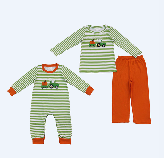 Sibling Baby Boys Kids Embroidery Pumpkins Trucks Stripes Romper Thanksgiving Set Pink Clothes RTS