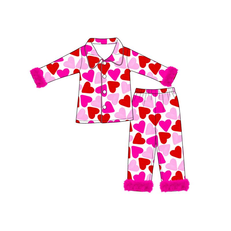 ( Moq 5 ) Preorder Baby Girls Kids Valentine Hearts Buttons Shirt Fur Pants Pajamas Set Clothes