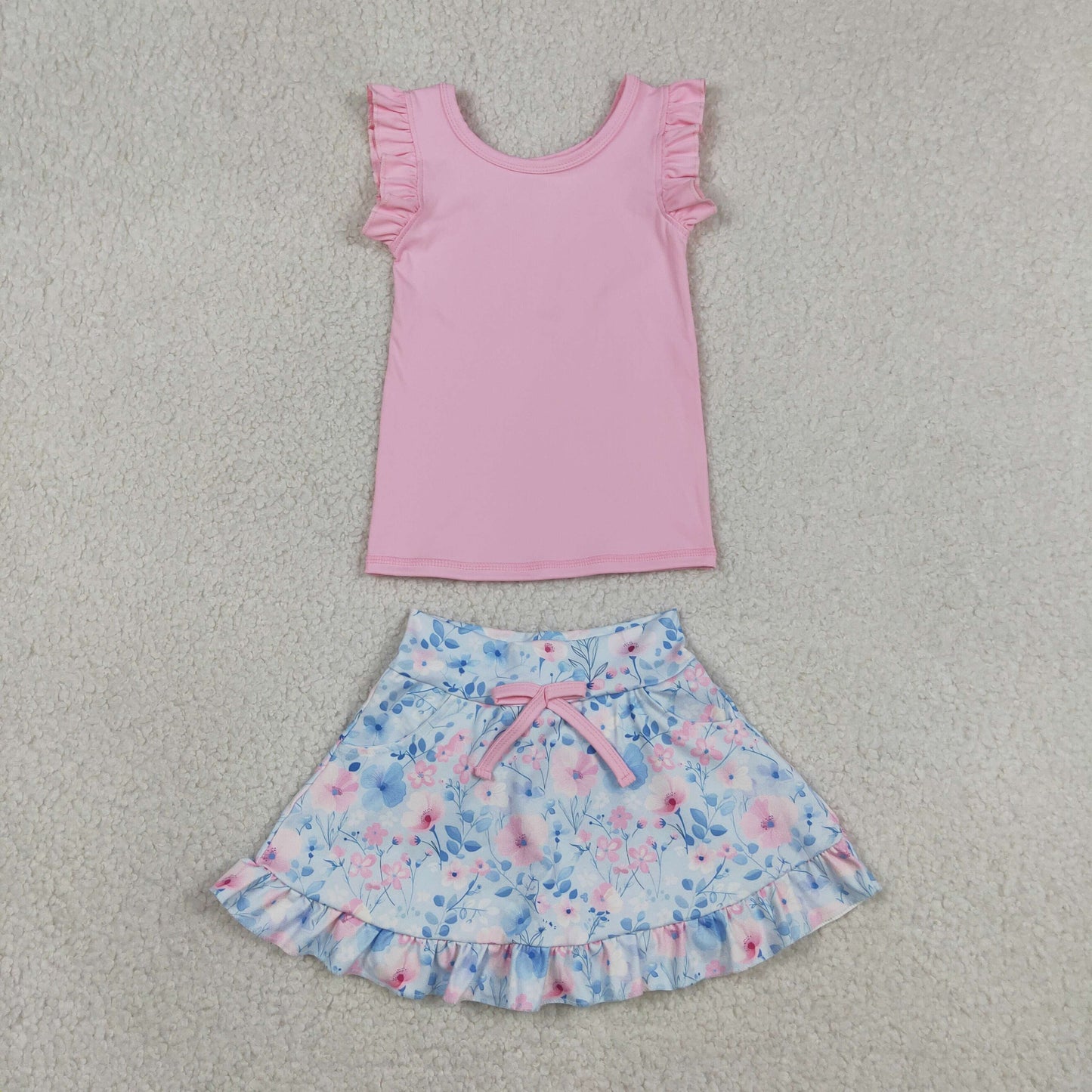 Baby Girls Kids Pink Tops Flower Pockets Scallop Skirt Shorts Yoga Clothes Summer Set RTS