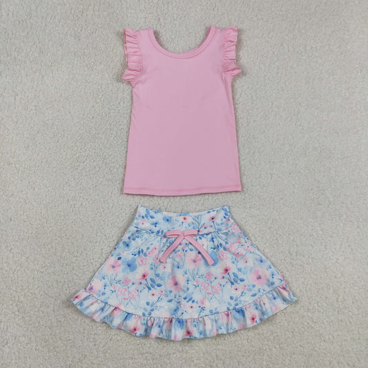 Baby Girls Kids Pink Tops Flower Pockets Scallop Skirt Shorts Yoga Clothes Summer Set RTS