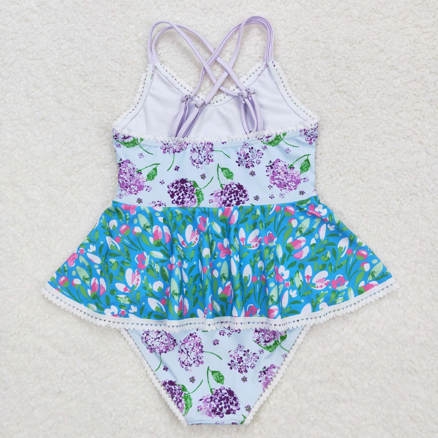 Baby Girl Sleeveless Floral Blue One Piece Swimsuit