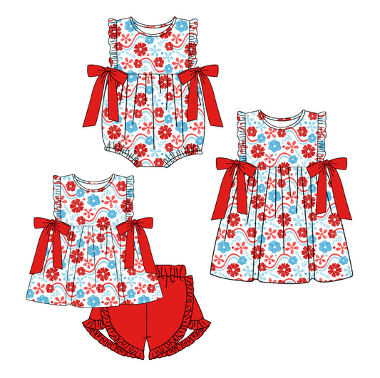Baby Girl Short Sleeves July 4th Flower Sibling Romper Dress Clothes Set ( Moq 5 Each Design ) 11.27