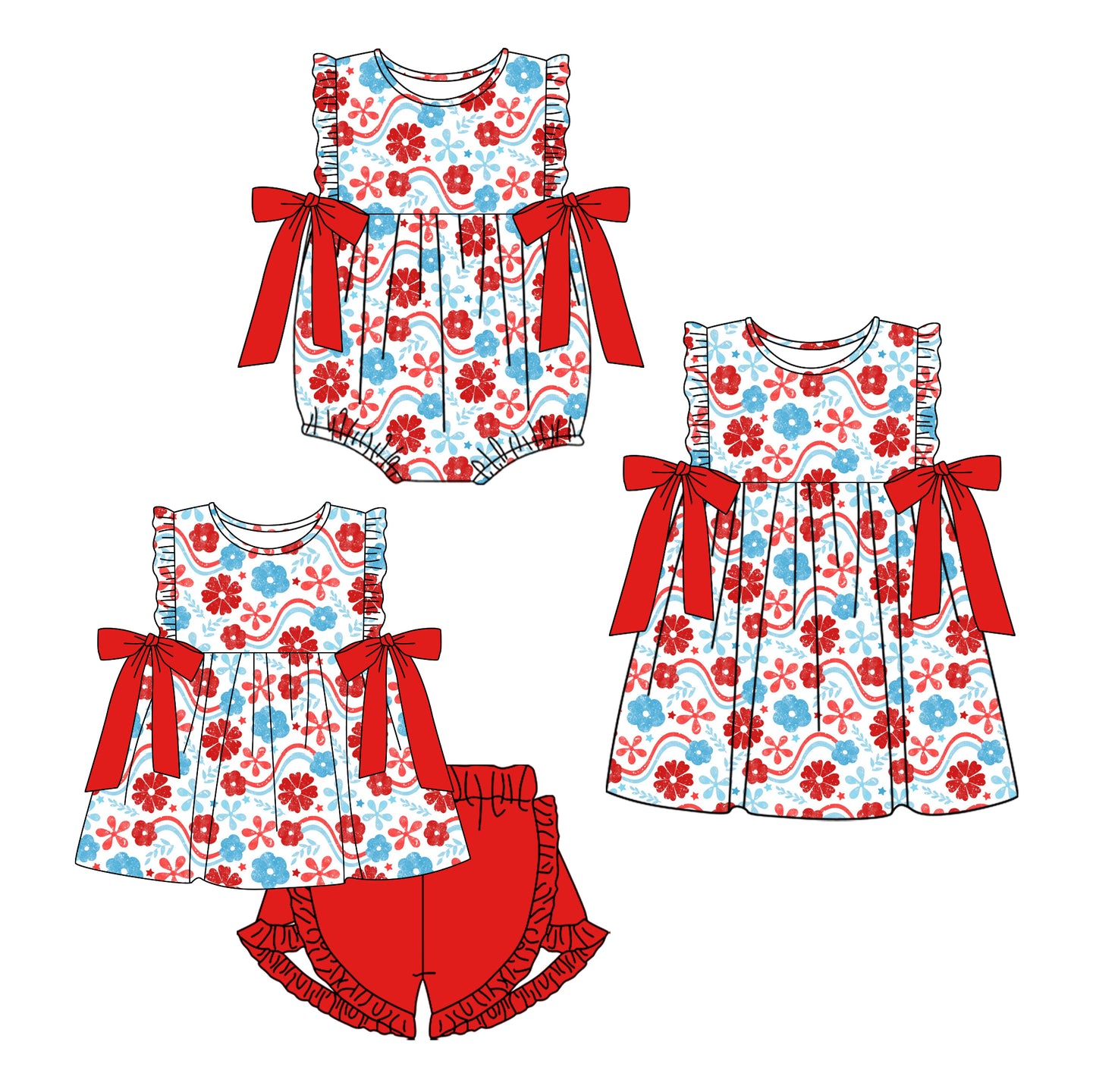 Baby Girl Short Sleeves July 4th Flower Sibling Romper Dress Clothes Set ( Moq 5 Each Design ) 11.27