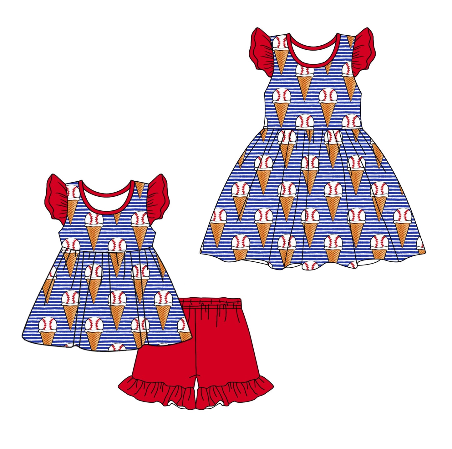 Baby Girl Short Sleeves Baseball Stripes Sibling Dress Set ( Moq 5 Each Style ) 12.26