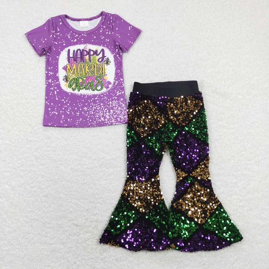 GSPO1384 Baby Girl Short Sleeves Mardi Gras Shirt Sequins Pants Set