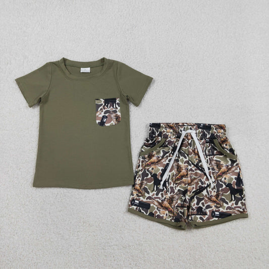 Baby Boys Kids Short Sleeves Shirt Ducks Dogs Camo Pockets Shorts Hunting Clothes Set RTS