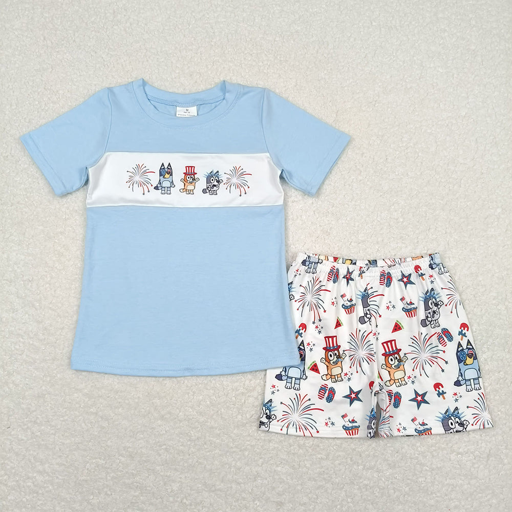 Baby Boy Girl Dogs Sibling July 4th Blue Dress Set