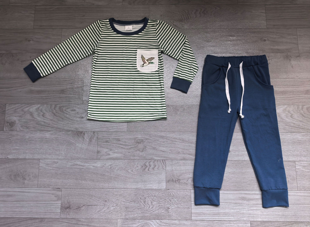 ( No moq ) Preorder Baby Boys Long Sleeves Stripes Embroidery Ducks Shirt Pockets Pants Clothes Set