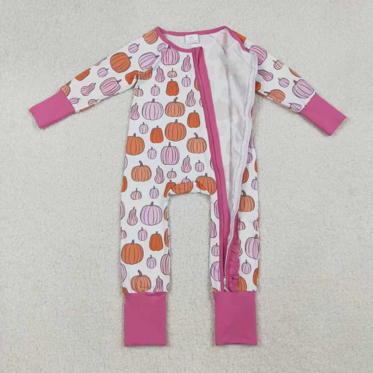 Siblign Girls Kids Long Sleeves Pumpkins Fall Thanksgiving Zipper Romper Pajamas Set RTS