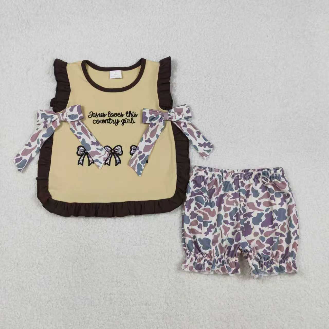 Sibling Girls Kids Short Sleeves Embroidery Jesus Love Me Bows Camo Romper Set RTS