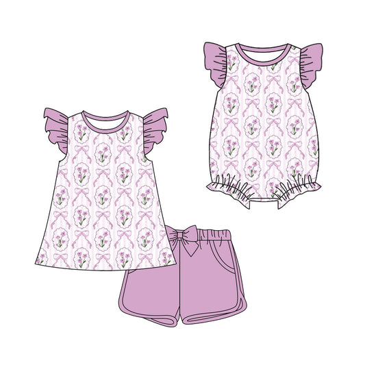 ( Moq 5 Each Style ) Sibling Baby Girls Kids Short Sleeves Flower Bows Romper Set Summer Clothes