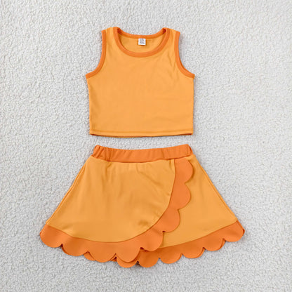 (No.25-36 ) Sibling Baby Girls Kids Sleeveless Tops Scallop Skirts Shorts Yoga Active Sets Clothes RTS