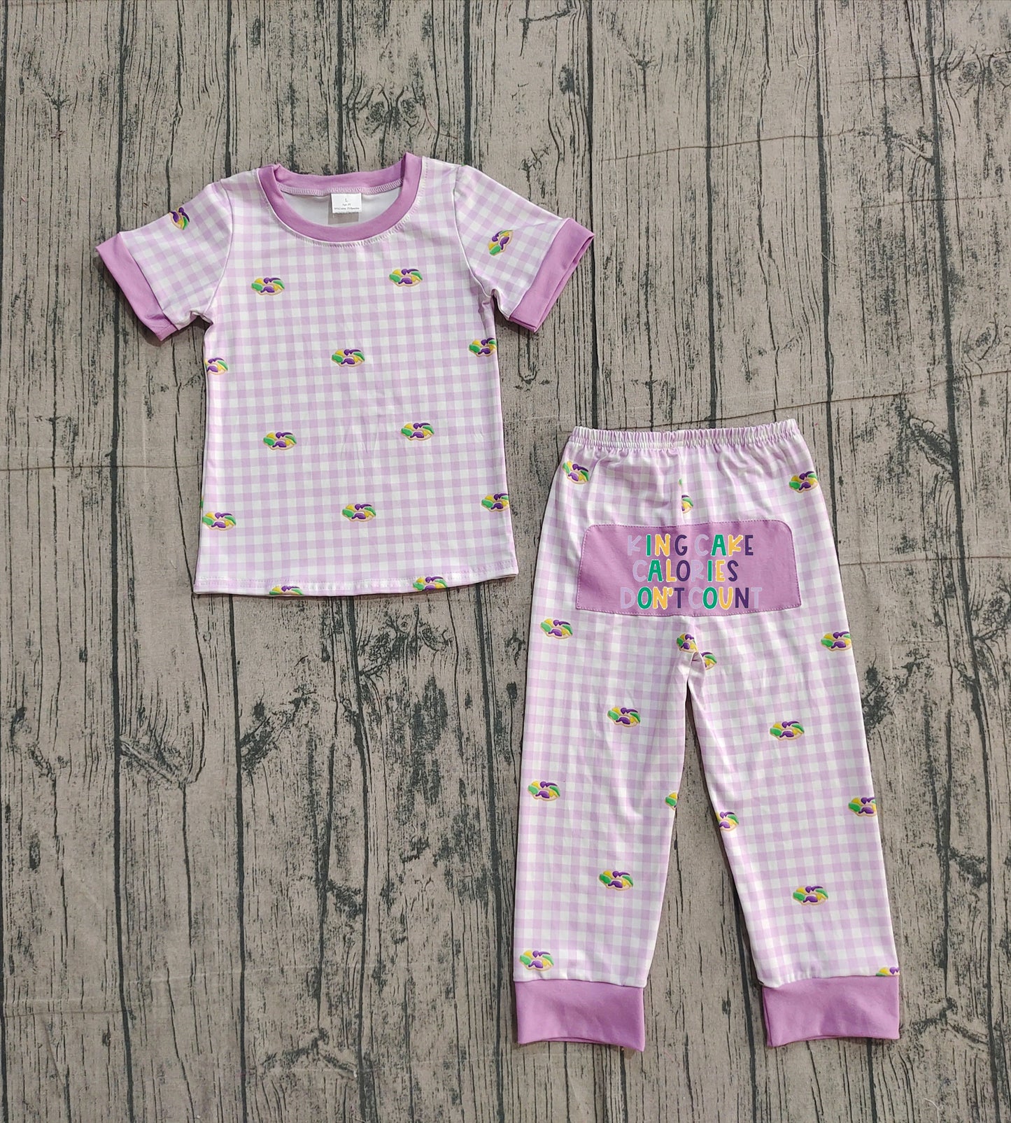 Baby Boys Donuts Shirt Purple Plaid Embroidery Pants Pajamas Mardi Gras Set RTS