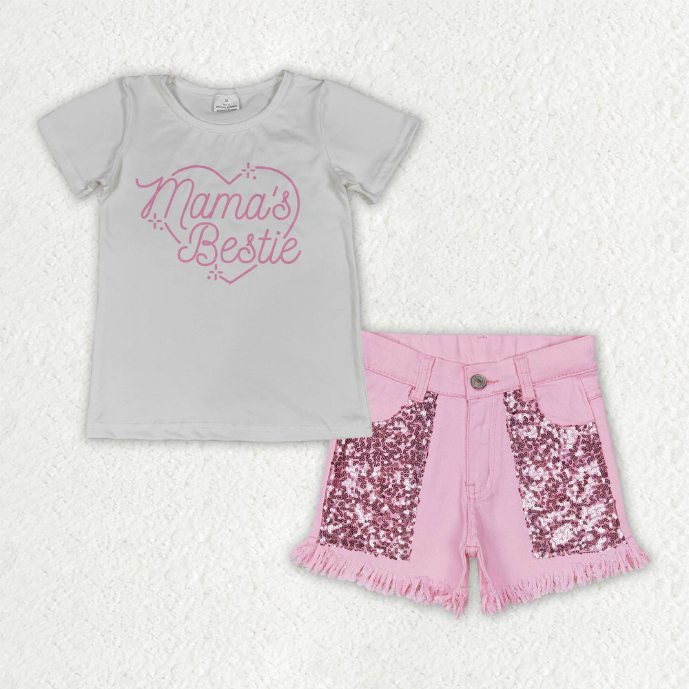 Baby Girls Kids Short Sleeves Mama's Shirt Sequins Pink Denim Shorts Summer Set RTS