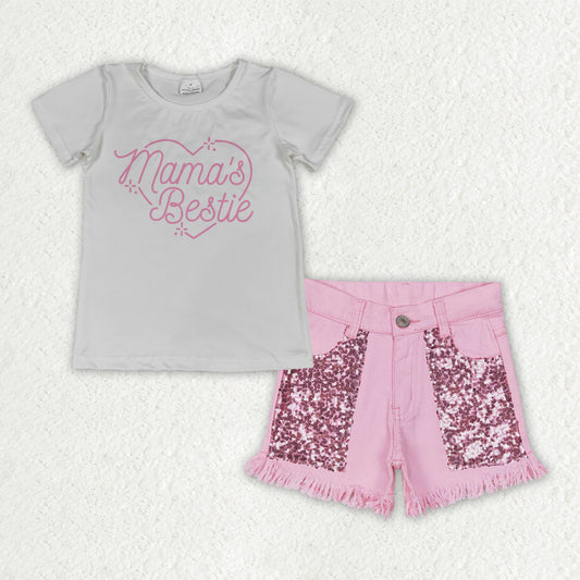 Baby Girls Kids Short Sleeves Mama's Shirt Sequins Pink Denim Shorts Summer Set RTS