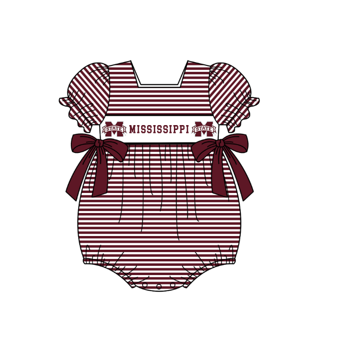 ( Moq 5 ) Baby Girls Kids Short Sleeves M Dark Red Stripes Bows Team Romper