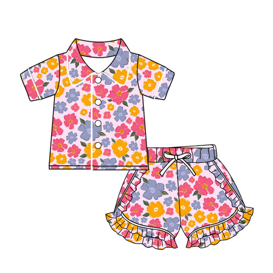 Baby Girl Short Sleeves Flower Buttons Shirt Ruffle Shorts Pajamas Set Moq 5