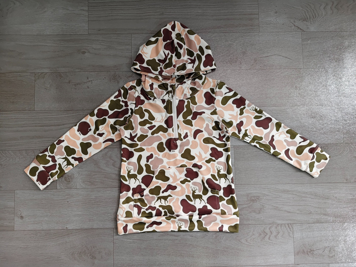 ( No moq ) Preorder Baby Boys Kids Dogs Deer Ducks Camo Pocket Hoodie Zipper Shirt Tops