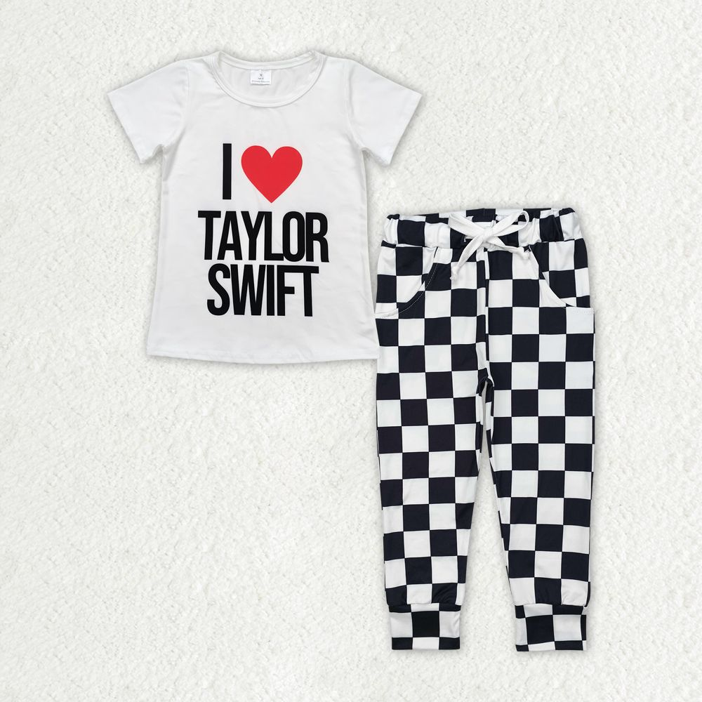 Baby Girl Short Sleeves I Love Singer Shirt Checked Pocket Pants Set