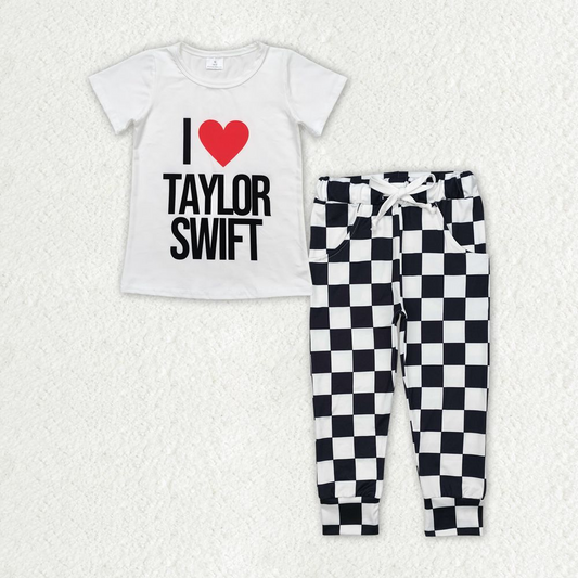 Baby Girl Short Sleeves I Love Singer Shirt Checked Pocket Pants Set