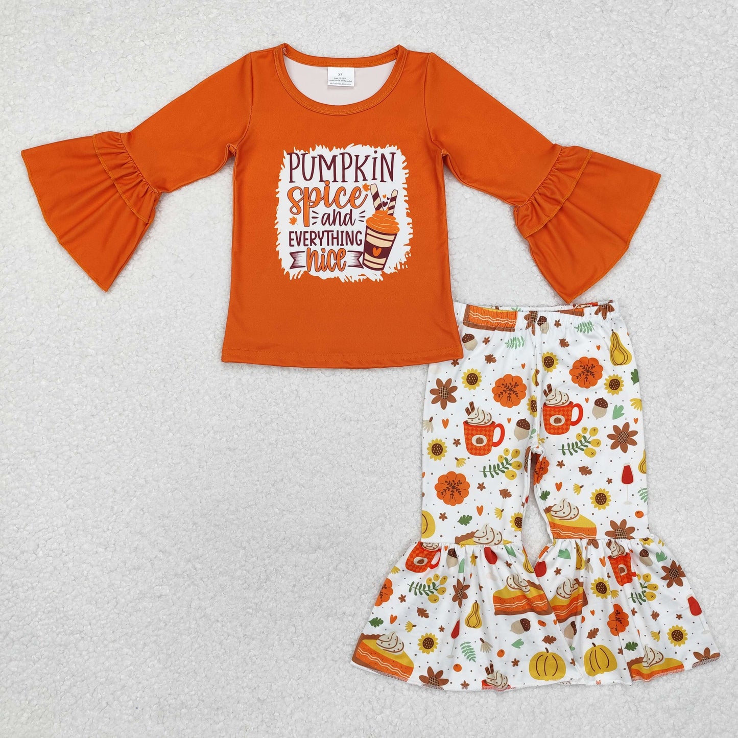 Baby Girl Orange Pumpkin Coffee Cups Tops Bell Pants Set