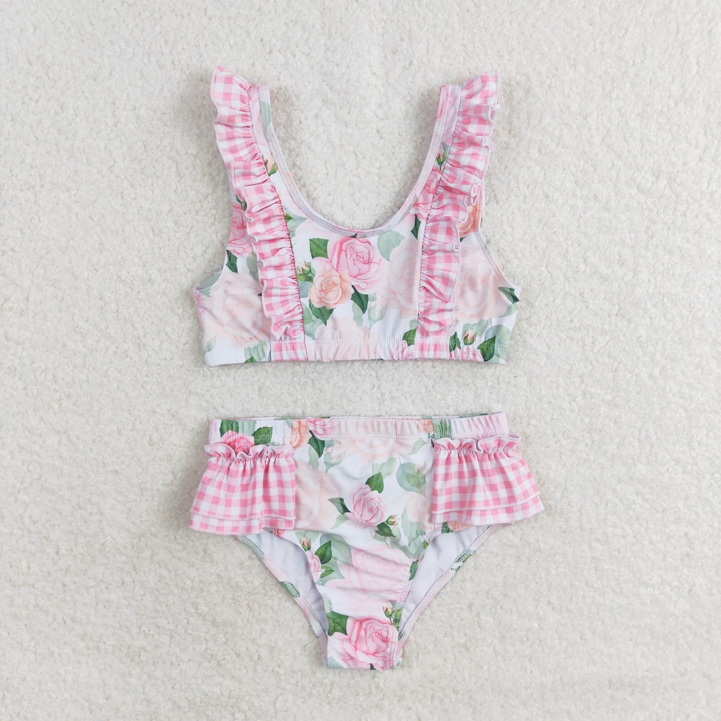 Baby Girl Summer Flower Tops Bummie Pink Plaid Swimsuit