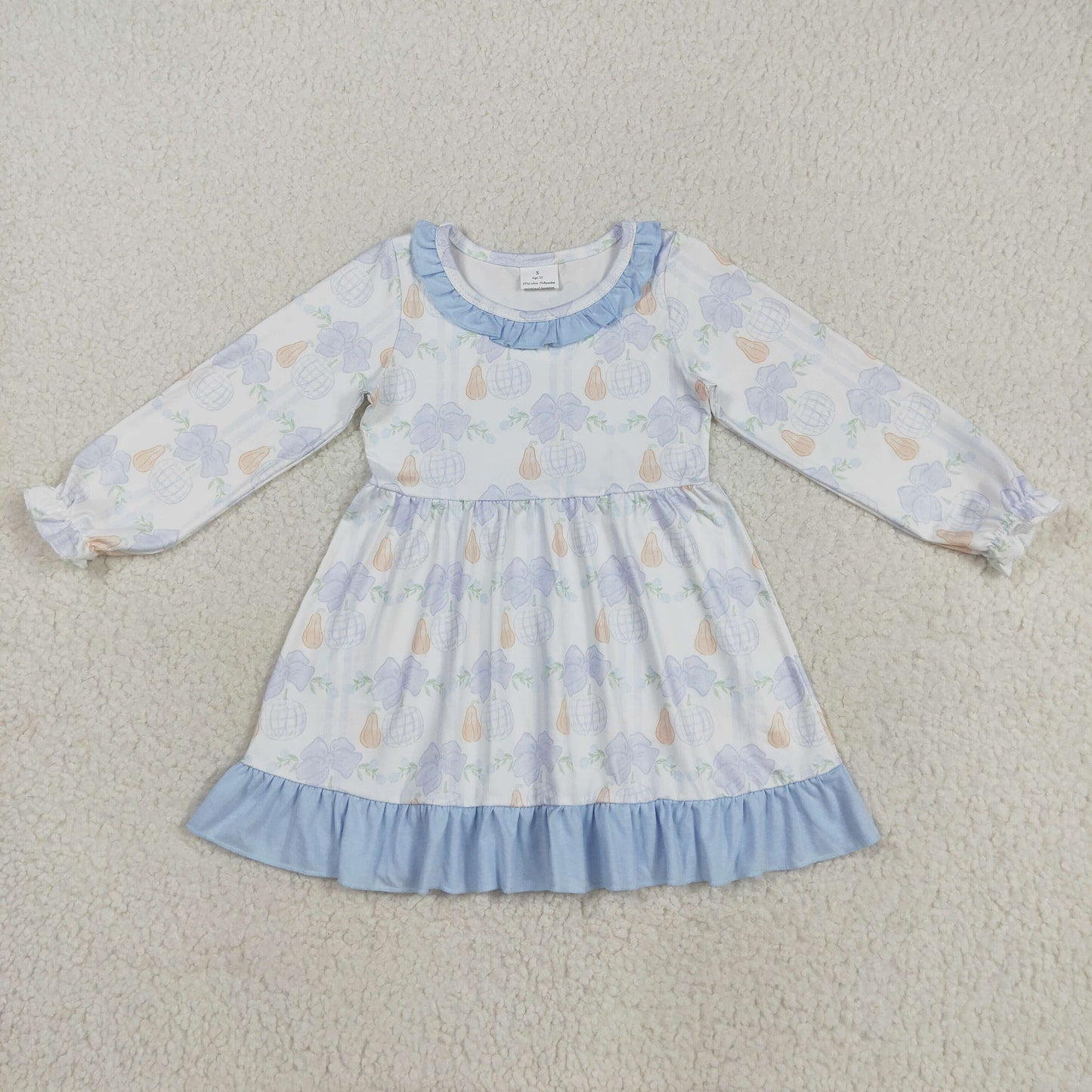 Baby Girl Long Sleeves Pumpkin Bows Blue Ruffle Fall Knee Length Dress RTS