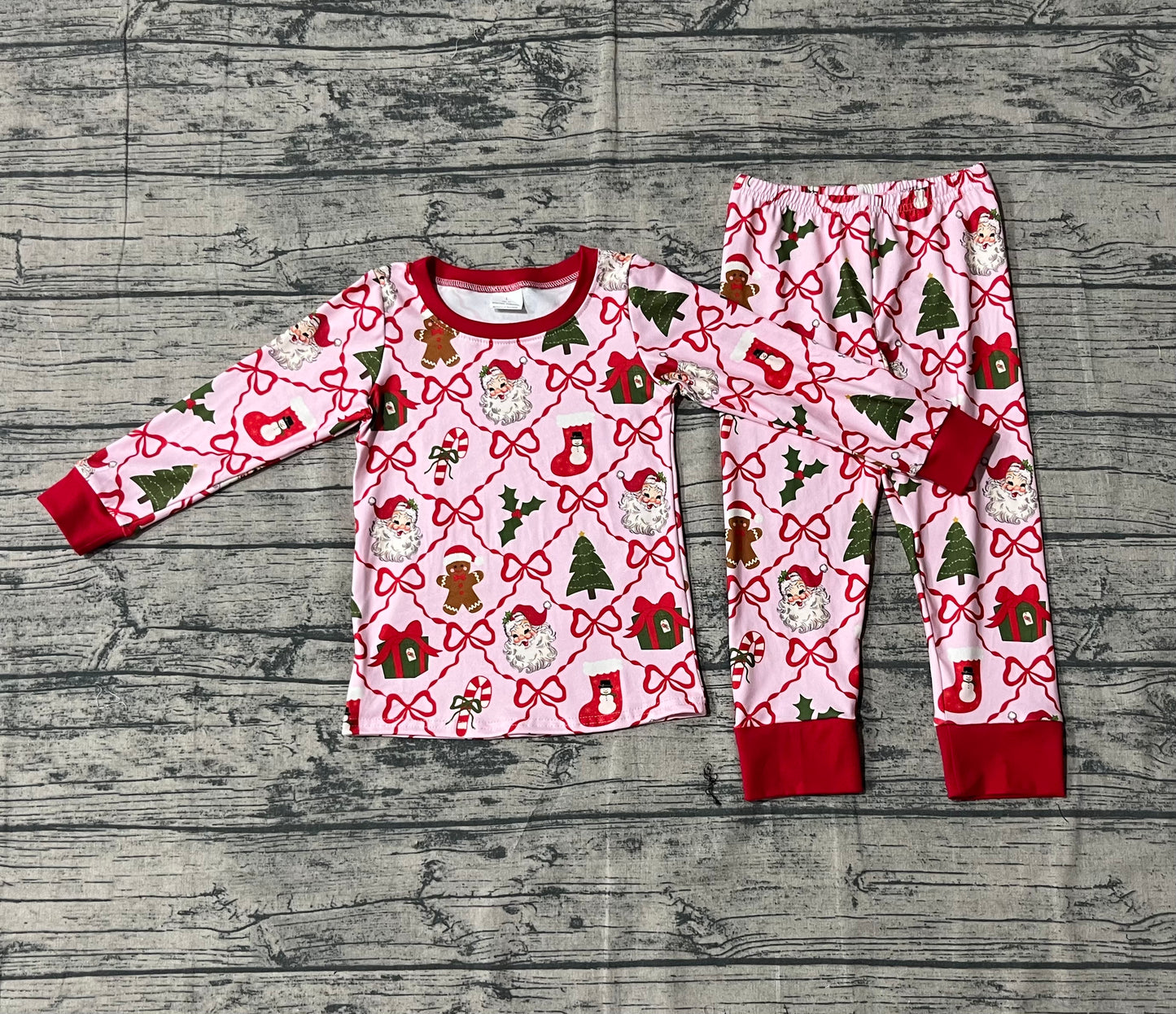 ( No moq ) Preorder Girls Kids Gingerbread Bows Santa Shirt Pants Christmas Pajamas Clothes Set