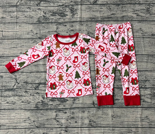 ( No moq ) Preorder Girls Kids Gingerbread Bows Santa Shirt Pants Christmas Pajamas Clothes Set