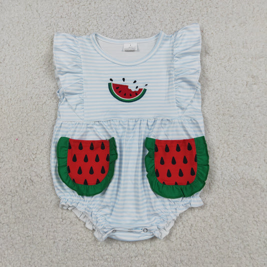 Baby Girls Infant Short Sleeves Embroidery Watermelon Pockets Stripes Romper Clothes RTS