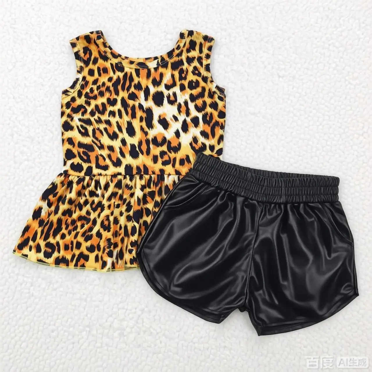 Baby Girls Kids Sleeves Leopard Tunic Black Leather Shorts Set Clothes RTS