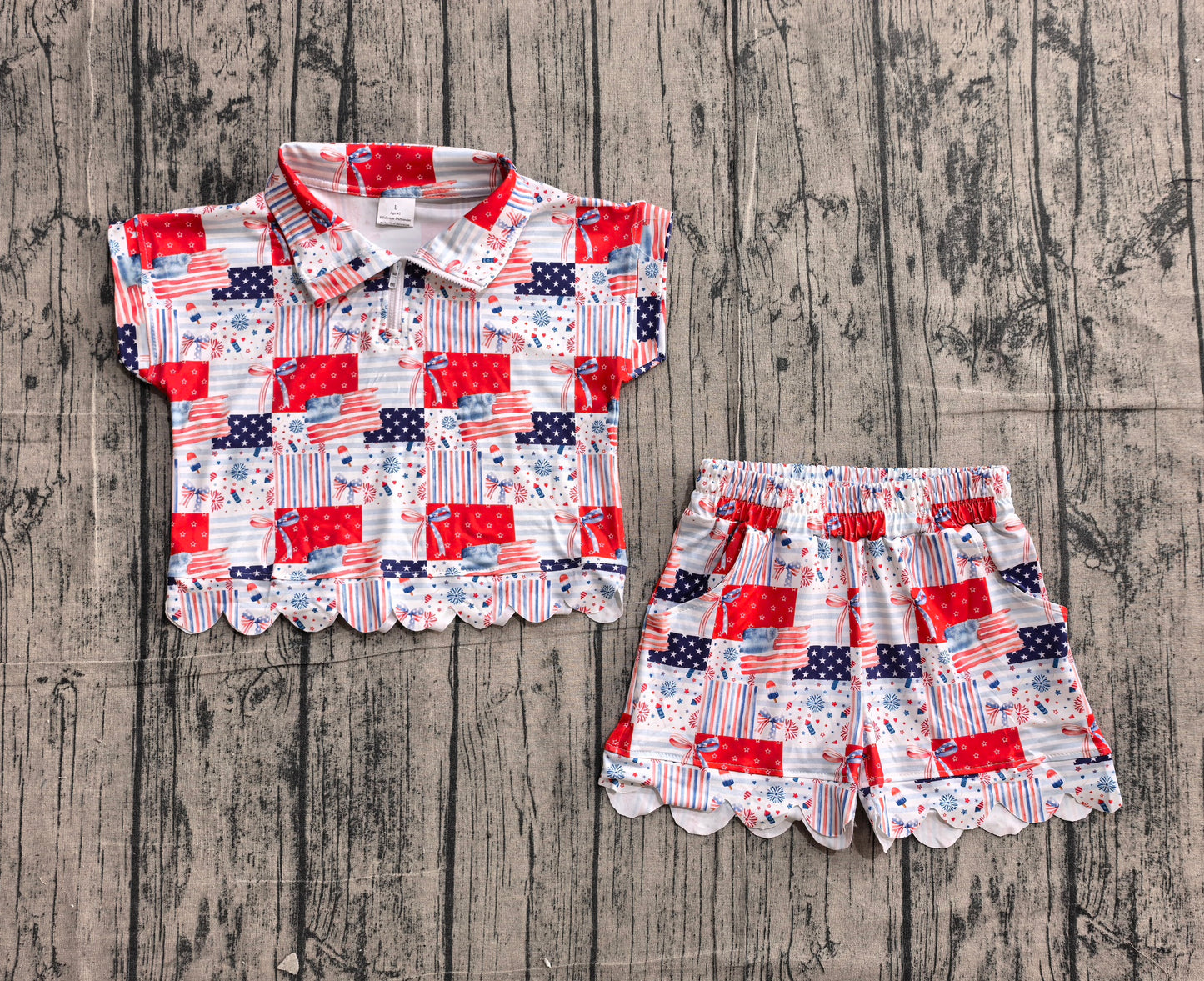 ( No moq ) Preorder Baby Girls Kids Flags Bows Zipper Shirt Scallop Shorts Set 4th of July Clothes