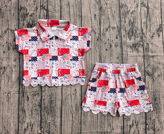 ( No moq ) Preorder Baby Girls Kids Flags Bows Zipper Shirt Scallop Shorts Set 4th of July Clothes